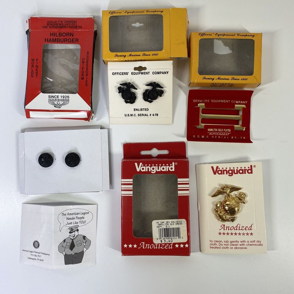 90s Vtg USMC Military Accessories Buttons Buckle Boxes Vanguard Officer Hilborns